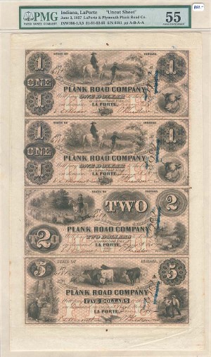 LaPorte and Plymouth Plank Road Co. Uncut Obsolete Sheet - Broken Bank Notes - PMG Graded